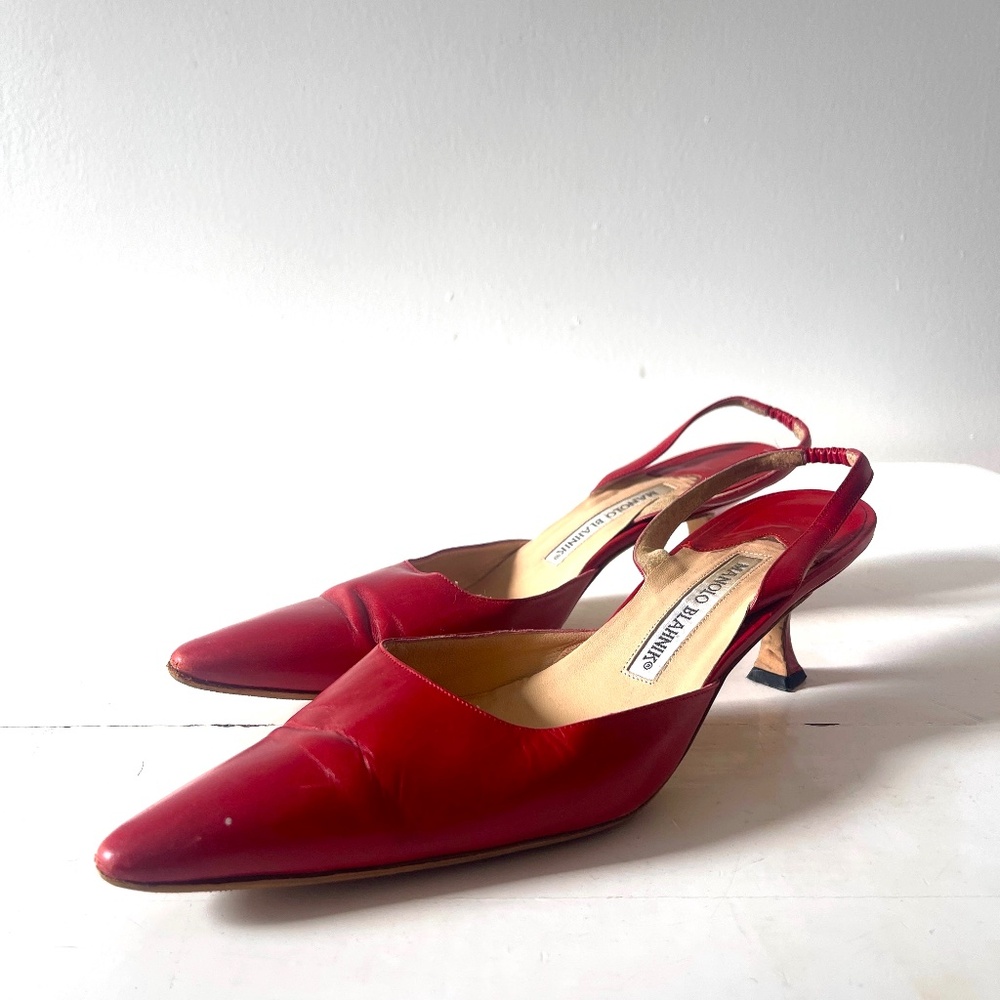Manolo Blahnik Red Carolyne Sling-Back Kitten Heel Pump EU 38.5/US 8